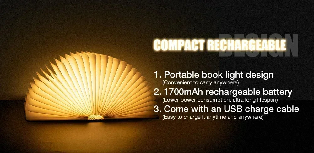 LED Wooden Book Lamp Creative 3D Book Light Folding LED Night Light USB Recharge Decor Bedroom Table Lamp for Kid Brithday Gifts