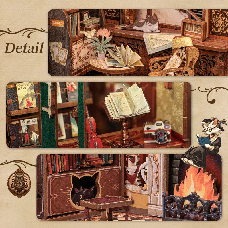 CUTEBEE DIY Book Nook Kit Miniature Dollhouse with Light Wooden Bookshelf Insert Retro Booknook Decor for Gifts Bookshop Series